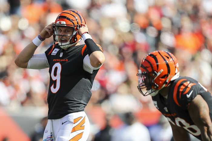 Oct 23, 2022; Cincinnati, Ohio, USA; Cincinnati Bengals quarterback Joe Burrow (9) calls a play against the Atlanta Falcons in the first half at Paycor Stadium. Mandatory Credit: Katie Stratman-USA TODAY Sports